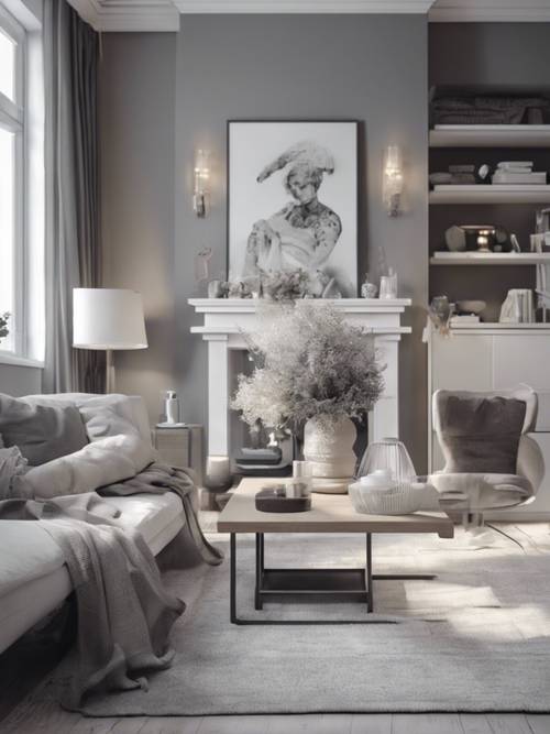 Nötr gri ve beyaz tonlarda bir oturma odasının klasik iç tasarımı.