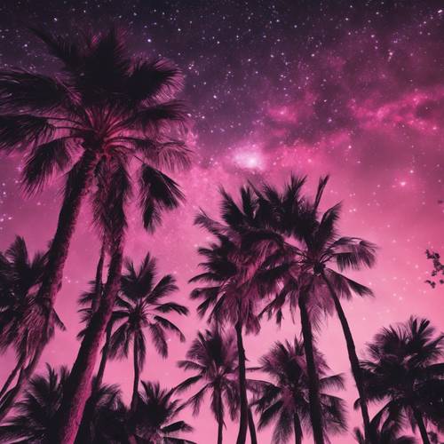 Impresionante paisaje de palmeras rosadas bajo un cielo nocturno profundo y lleno de estrellas.
