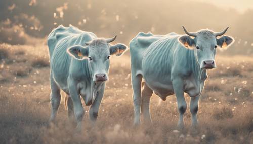 A soft, pastel pattern of delicate baby blue cows dotting a warm vanilla canvas. Tapet [42c2e274c2304967a137]