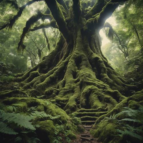 Một cây cổ thụ cao chót vót, với bộ rễ đồ sộ, tán xanh dày, xung quanh có những bụi cây phủ đầy rêu và dương xỉ.