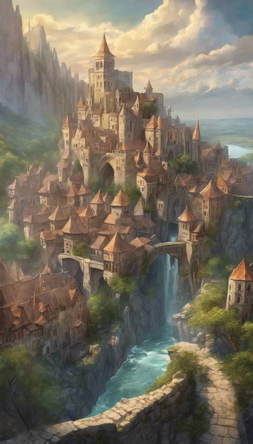 Widok z lotu ptaka na średniowieczne miasto fantasy otoczone wysokimi kamiennymi murami.