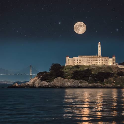 Остров Алькатрас, освещенный полной луной, Сан-Франциско.