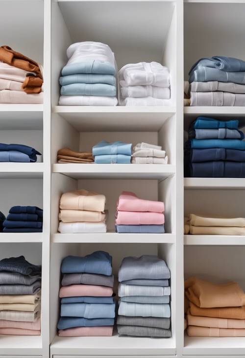 Ripresa di un assortimento di abbigliamento minimalista e preppy, organizzato per colore su uno scaffale bianco.