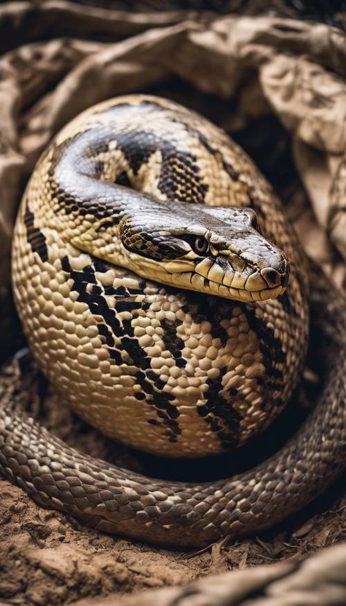 Eine Tigerpython-Python-Halskette, die sich in ihrem Bau um ein großes Ei gewickelt hat.