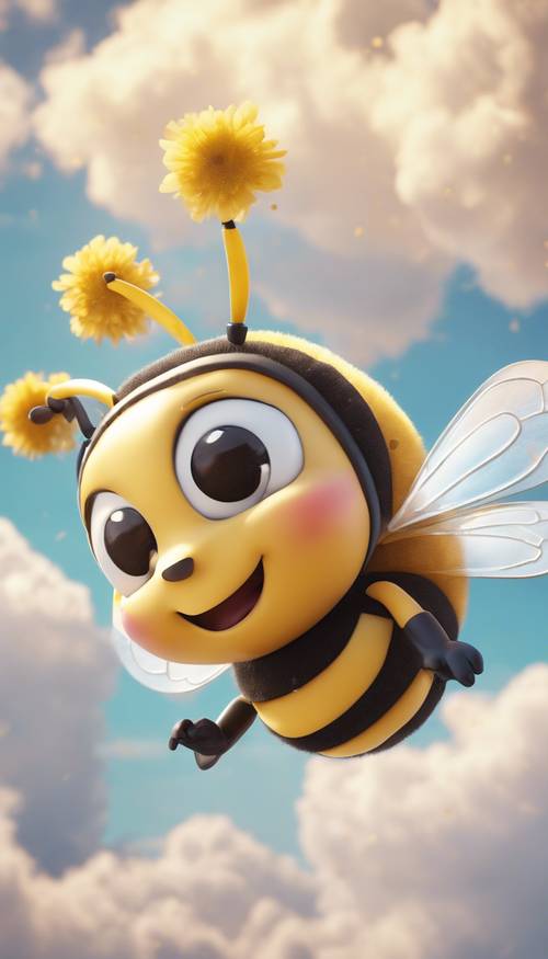 一隻歡快可愛的蜜蜂，頭上戴著一個小蝴蝶結，在點綴著蓬鬆雲彩的天空中快樂地飛翔。