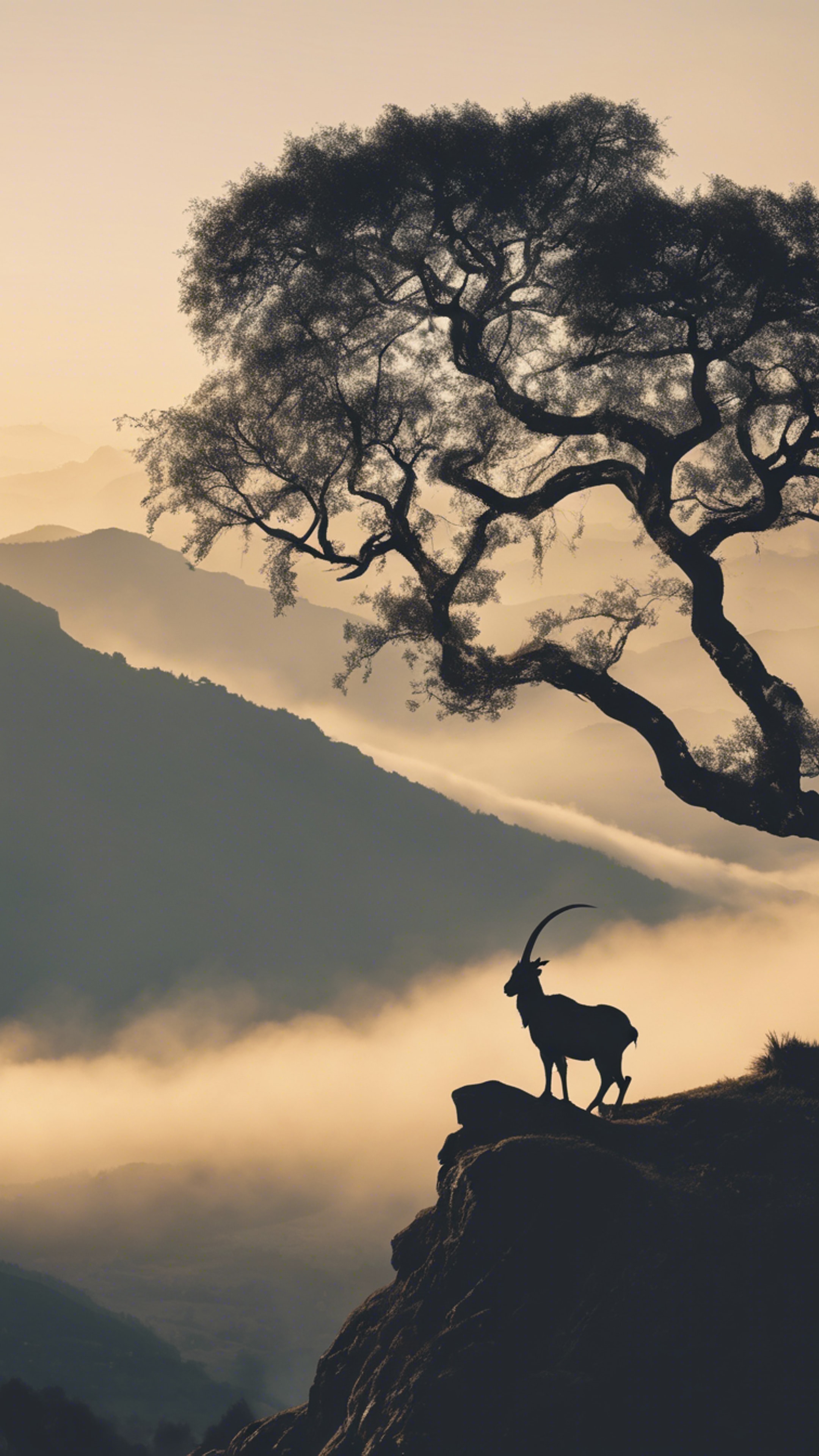 A Capricorn silhouette etched in a misty mountain cliff, haloed by the crisp dawn light.壁紙[7d90055e9f8d44cb986a]