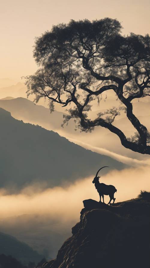A Capricorn silhouette etched in a misty mountain cliff, haloed by the crisp dawn light.