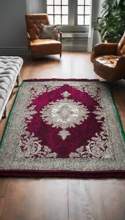一块手工编织的现代锦缎大地毯，带有深翠绿色和银色装饰，放置在抛光硬木地板上。
