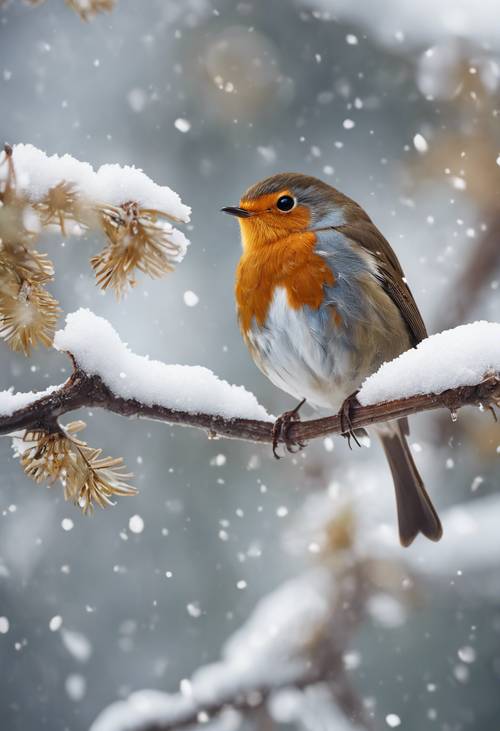 An adorable robin perched on a snow-covered branch.