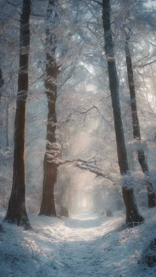 一片茂密的魔法森林，古老的树木在神奇的冬日霜冻的触碰下闪闪发光。