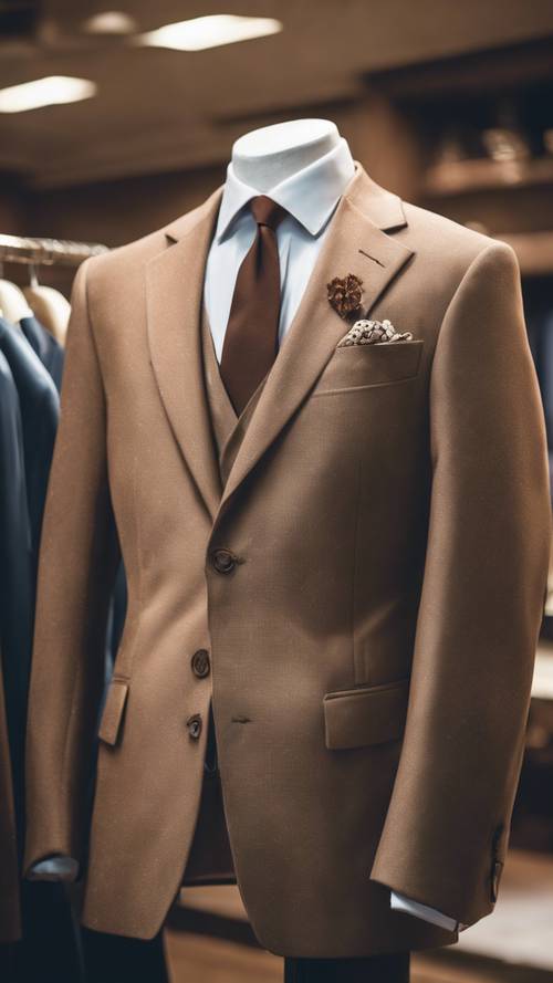 Um terno formal marrom claro pendurado em um guarda-roupa em uma loja de moda sofisticada.