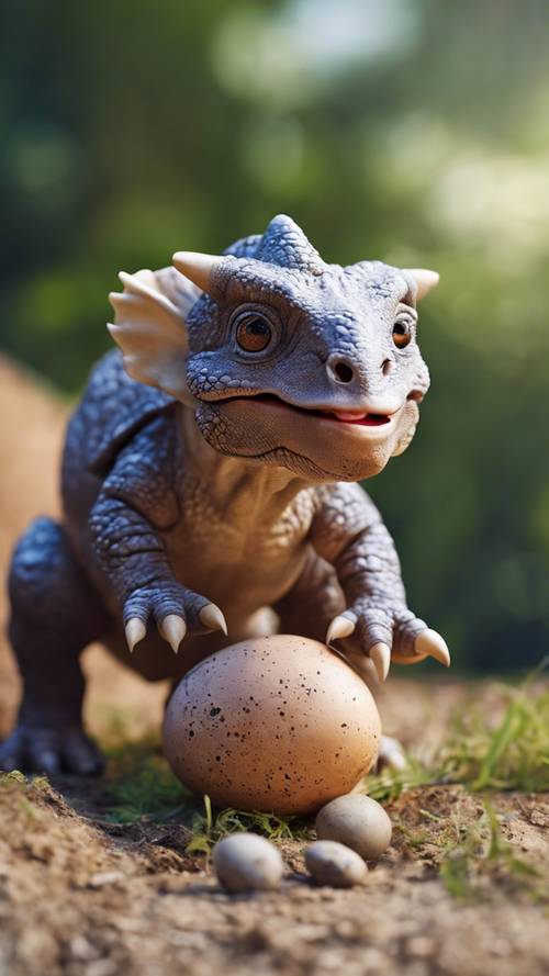A baby Triceratops just hatching from its egg and looking curiously at its fascinating new world. Tapet [4f6e1e5ce10640179757]