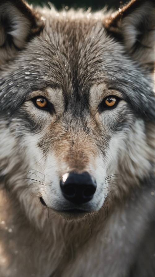 Close up of a dew covered gray wolf in the early morning light.