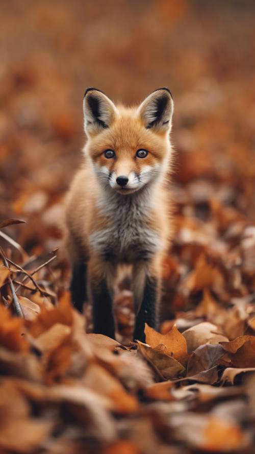 An adorable orange fox cub exploring a field covered with freshly fallen autumn leaves.