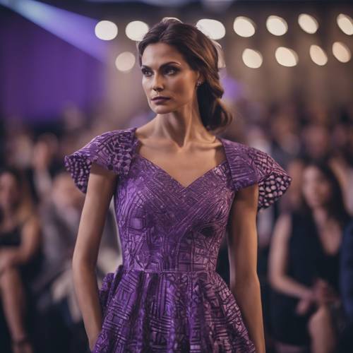 Une dame portant une élégante robe violette à motifs géométriques lors d&#39;un défilé de mode.