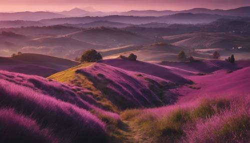Uma paisagem montanhosa colorida em tons de lilás e roxo, tocada pelos últimos raios do sol poente.
