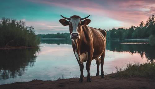Pojedyncza krowa z turkusowymi plamami stojąca w pobliżu jeziora pod spokojnym niebem o zmierzchu.