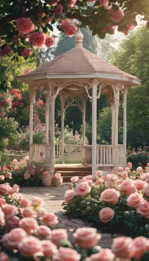 Um mirante aninhado em um jardim de rosas floridas, convidando você a sentar e relaxar.