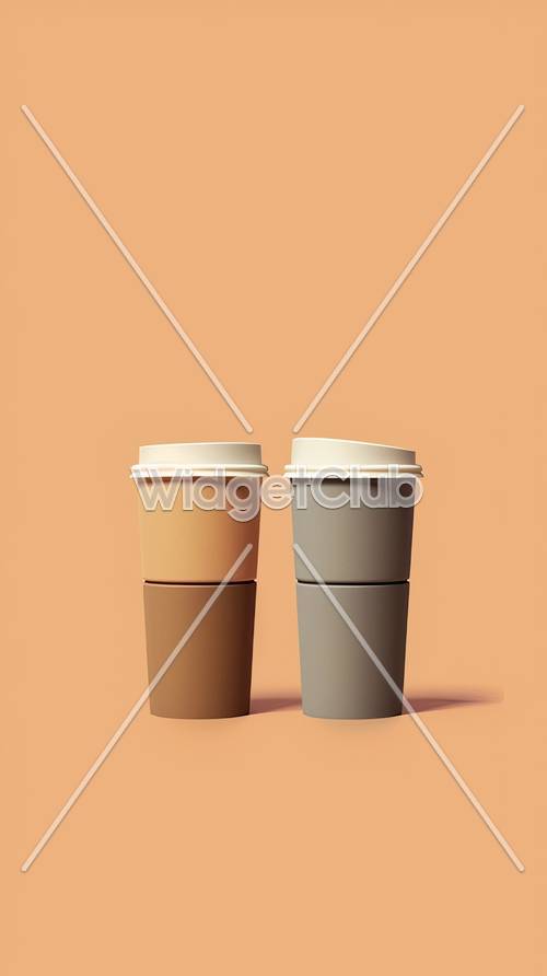 복숭아 배경에 두 개의 커피 컵