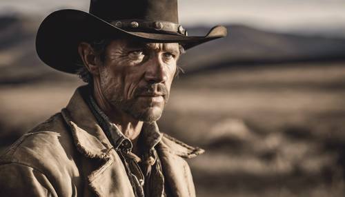 Um close do rosto castigado pelo tempo de um cowboy, sombreado por um chapéu vintage, com olhos preocupados olhando para uma ampla paisagem ocidental.