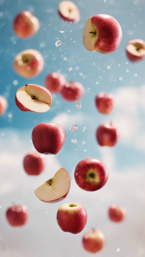 Irisan apel merah segar mengambang di udara dengan latar belakang cerah dan lapang.
