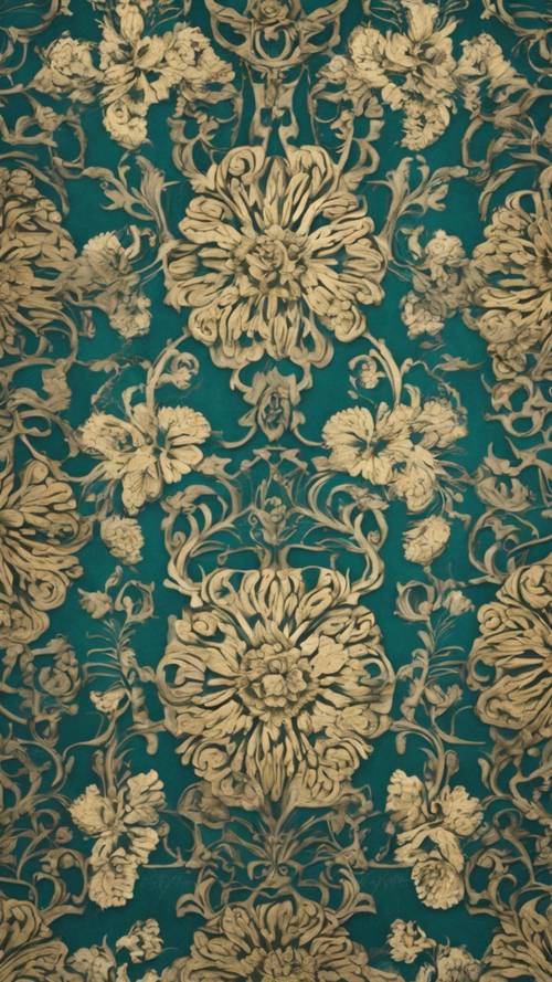 A vintage wallpaper pattern with intricate teal and gold floral designs.