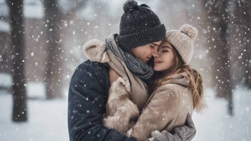 Una pareja joven compartiendo un cálido y romántico abrazo en un día de nieve.