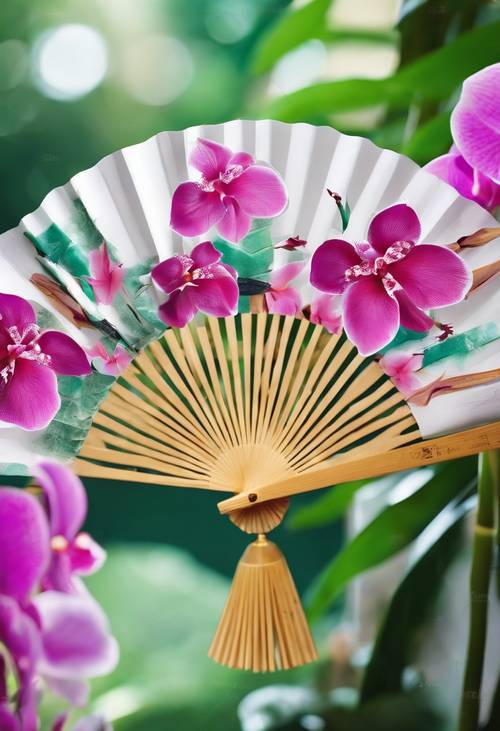 Элегантный китайский веер, украшенный яркими орхидеями и побегами бамбука нефритового цвета.