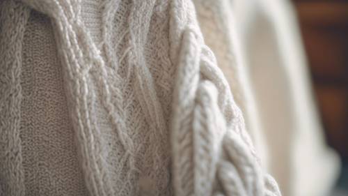 Detalhe de textura de um suéter de malha branco com padrões complexos.