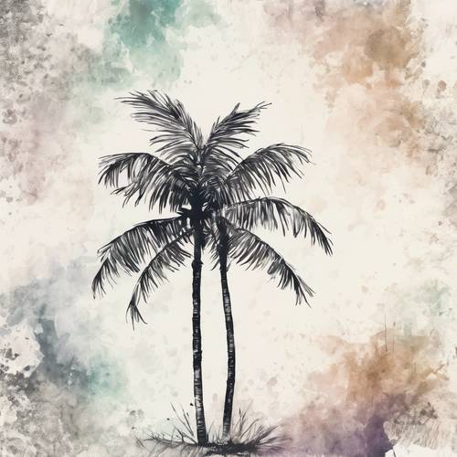 A white palm tree ink sketch contrasting with a watercolor-washed background Tapéta [281761ca60264dfe9f65]