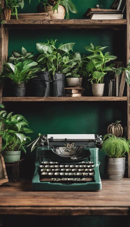 室內植物整齊地排列在一張木桌旁邊，桌子上有一台綠色老式打字機。
