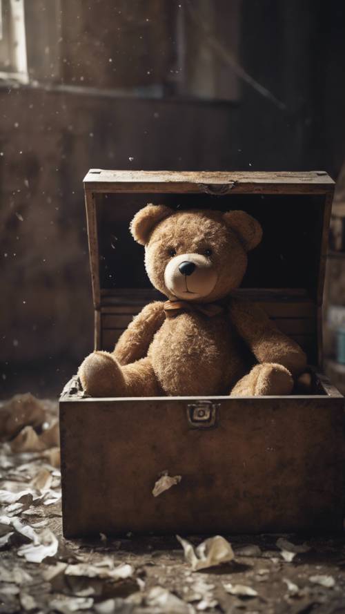 잊혀진 장난감 상자 속에 누워 있는 유령의 테디베어, 눈물로 얼룩진 얼굴이 멍하니 천장을 바라보고 있습니다.