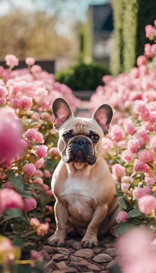 Un adorabile Bulldog francese rosa seduto in un giardino colorato durante la primavera.