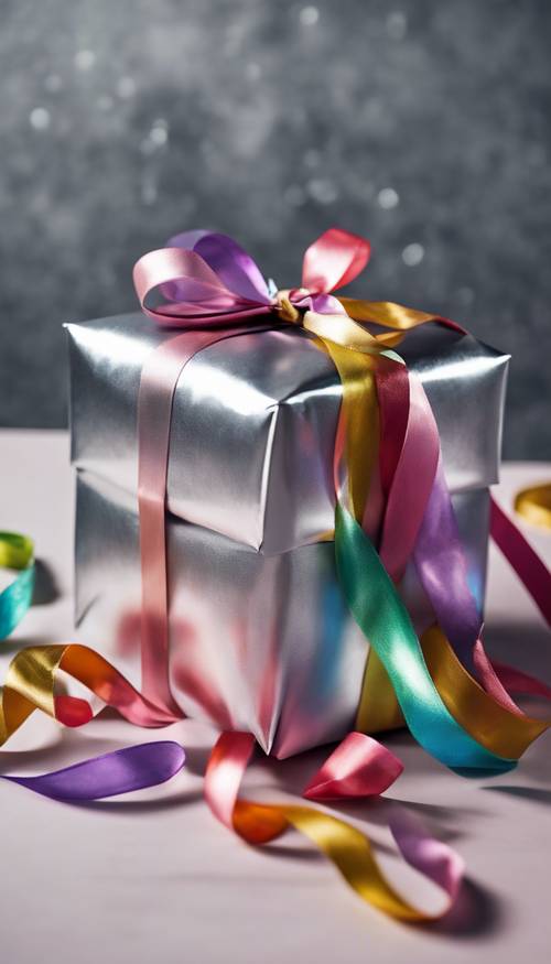 은색 종이로 포장된 생일 선물 위에 무지개색 리본이 아치 모양으로 놓여 있습니다.