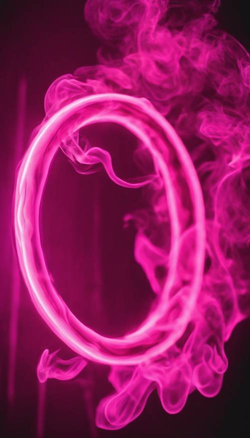 A series of smoke rings, dyed a vibrant, neon pink, under stage lighting.
