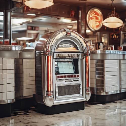Máquina de discos plateada retro en un ambiente de restaurante clásico.