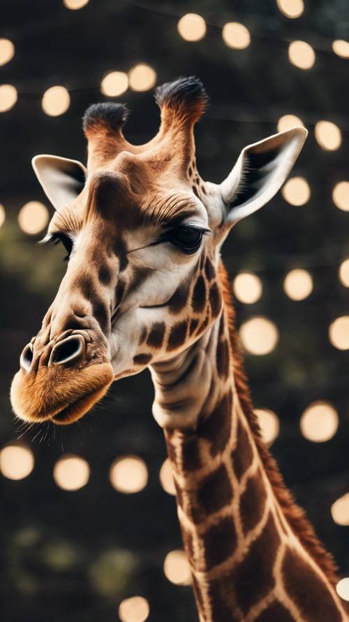 A giraffe in a mystical setting with fairy lights intertwined around its antlers.