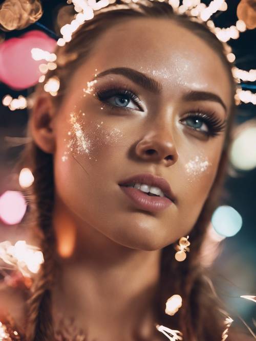 A close-up of a cheerleader's face reflecting the stunning fireworks, during a halftime show.