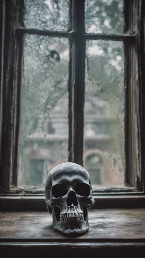 Una calavera gris fantasmal que aparece en una ventana de cristal de una antigua mansión victoriana.