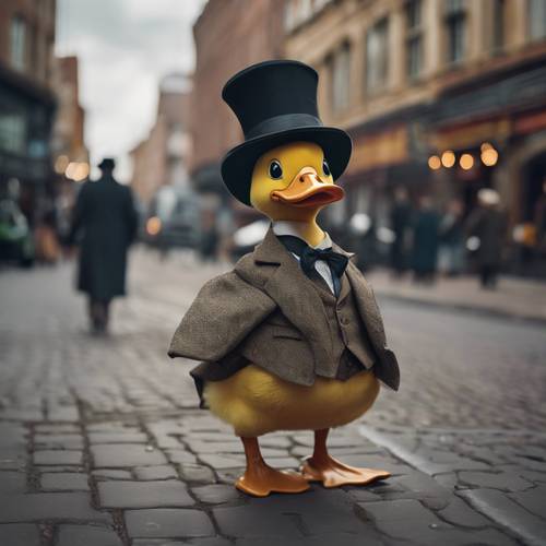 An anthropomorphic duck dressed in a vintage Victorian attire, strolling through a bustling city street.