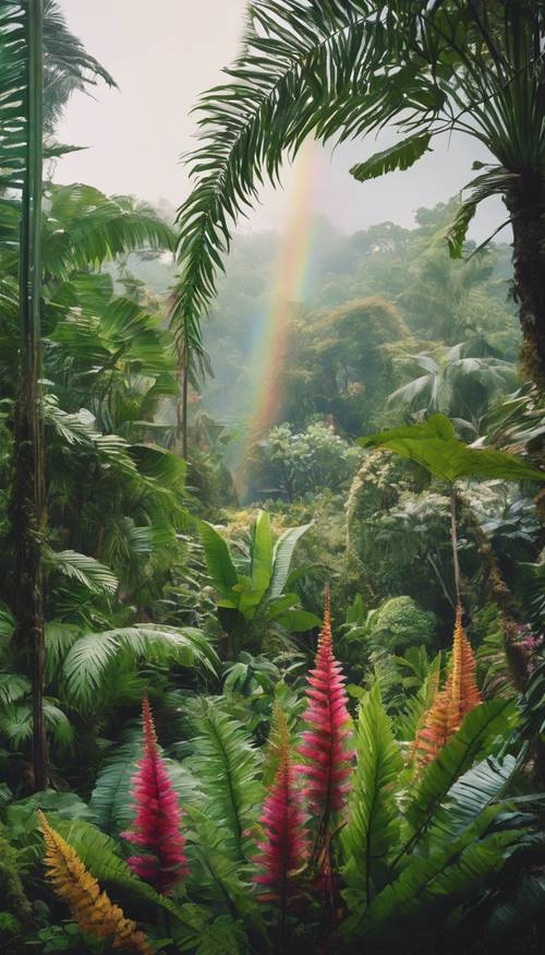 Un brumoso jardín botánico tropical con helechos gigantes y flores exóticas y vibrantes, con un arco iris en la distancia.
