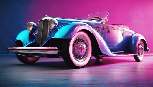 Vintage roadster with painted with contrasting stripes of hot pink and electric blue