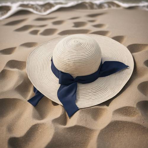 Ein wunderschöner breitkrempiger Hut mit einer dunkelblauen karierten Schleife darum, der auf einem Sandstrand liegt.