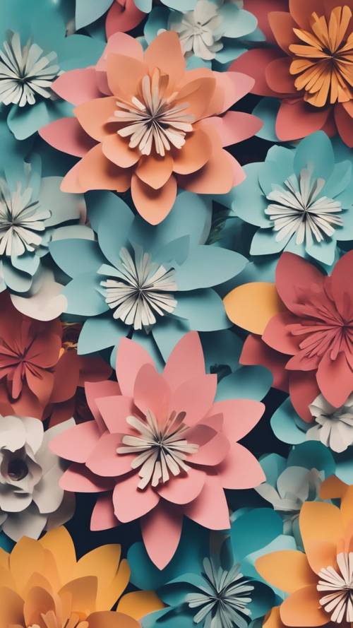 Paper cut flowers in eighties retro color palette.