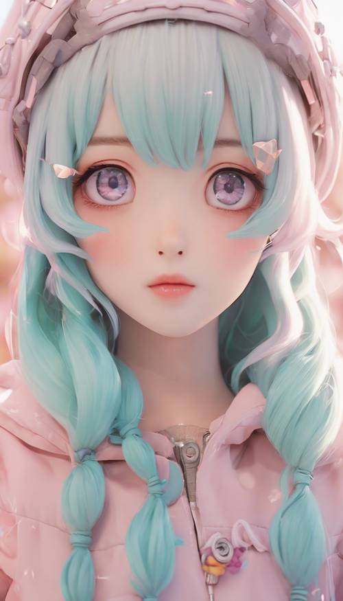 A fashionable anime character with big sparkling eyes, wearing kawaii-style clothes in pastel colors. Tapet [eb17ce1a9de848cabfeb]