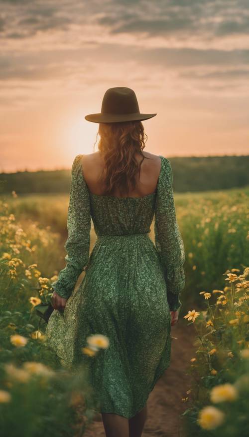 Seorang wanita dengan gaun boho hijau berjalan di ladang bunga saat matahari terbenam