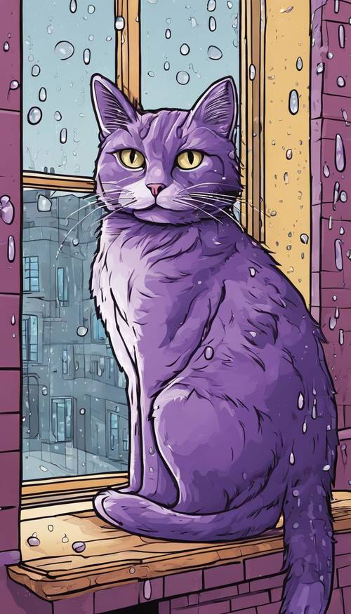 Um gato roxo de desenho animado sentado no parapeito de uma janela observando a chuva.