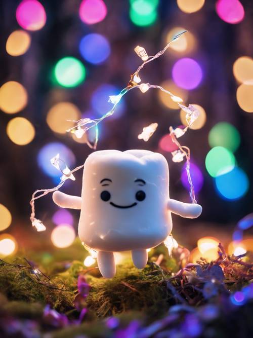 Um marshmallow branco dançando animadamente em meio a luzes coloridas, em uma floresta encantada.