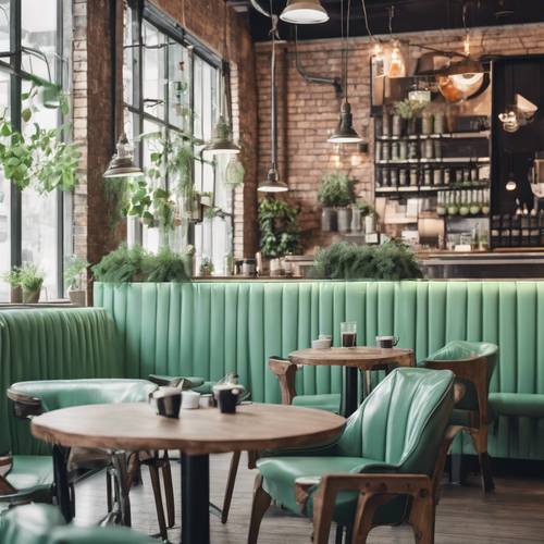 A trendy coffee shop interior with mint green seats and industrial style decor.