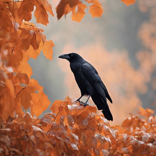 Un corvo nero appollaiato su una foglia autunnale arancione.